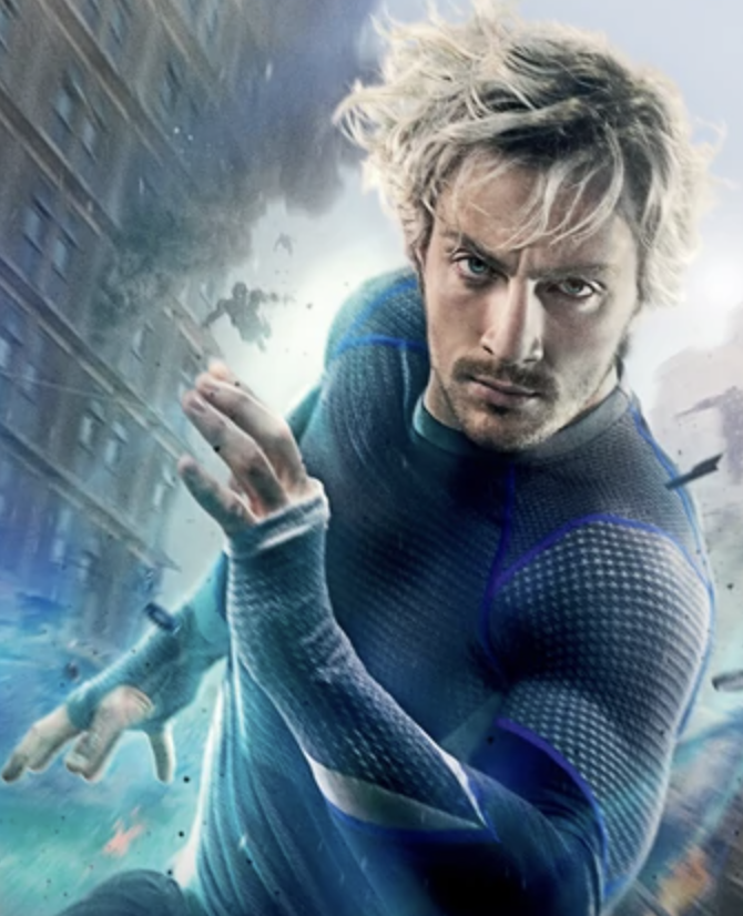 (Quicksilver in the Age of Ultron)Marvel And Fox Have Joint Custody. He's The Son Of Magneto. His Twin Sister Is Scarlet Witch. His Personality Reflects His Powers. He Can Think At Super-Human Speeds.